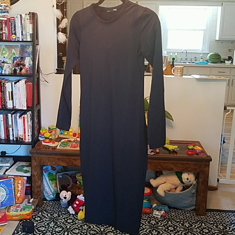Black, fitted, long sleeve, mid length dress